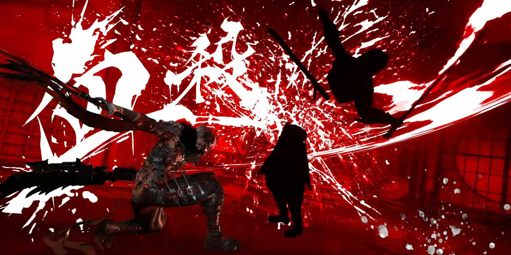 Yakumo slicing an enemy in half with a stylized red background in Ninja Gaiden 4.