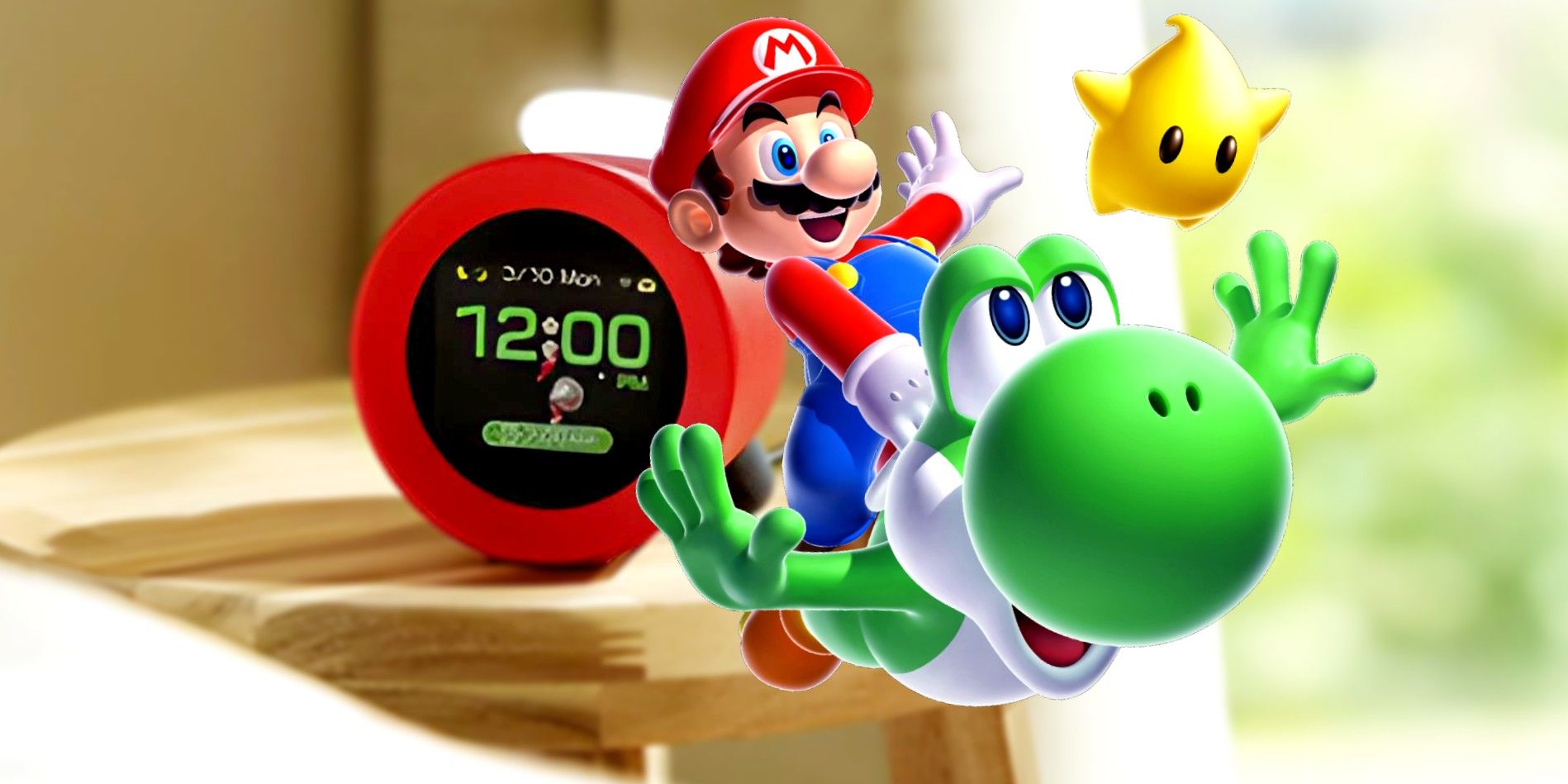Nintendo Alarmo on a side table by a bed with mario and yoshi posing next to it