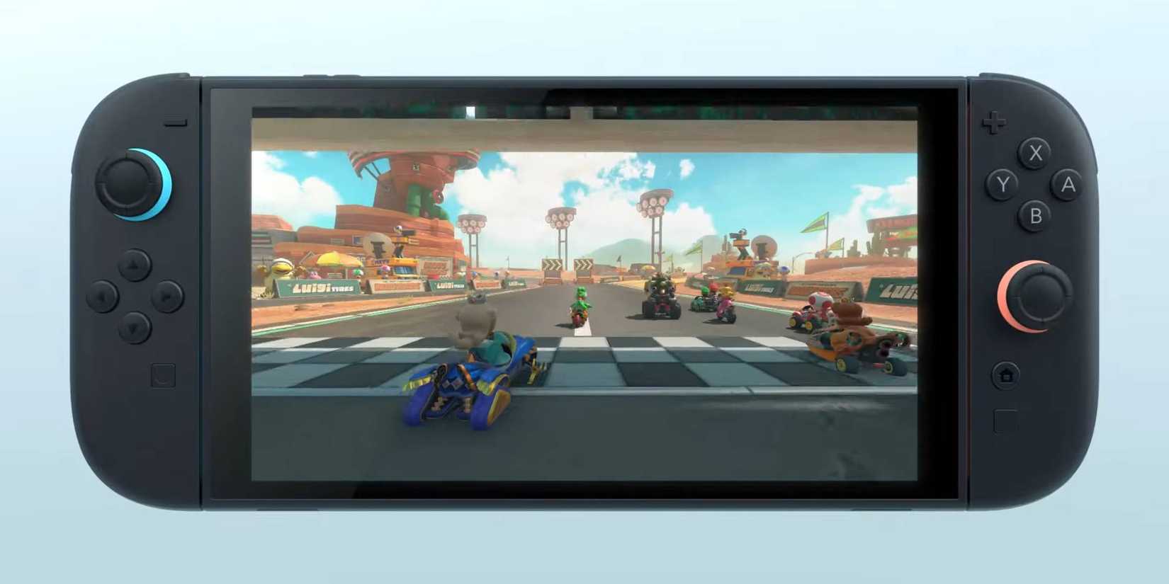 The Nintendo Switch 2 playing the new Mario Kart game from the reveal trailer.