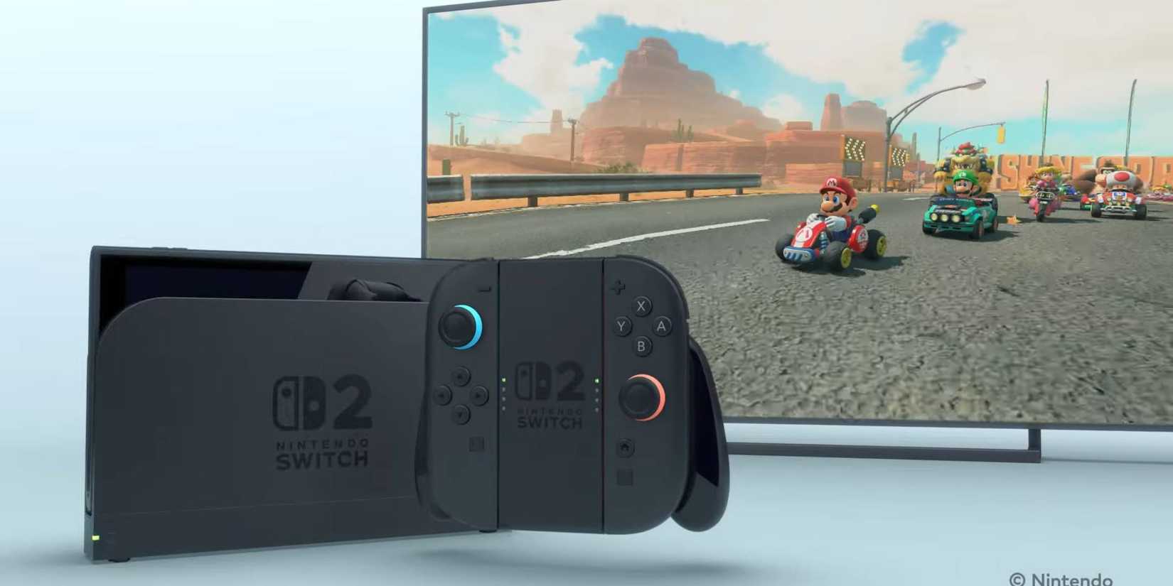 The Nintendo Switch 2 docked with the new Mario Kart game playing in the background.