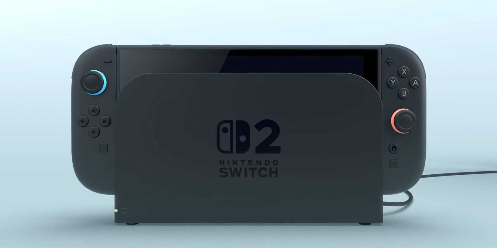The Nintendo Switched 2 docked in the new dock with the game's logo on the dock.