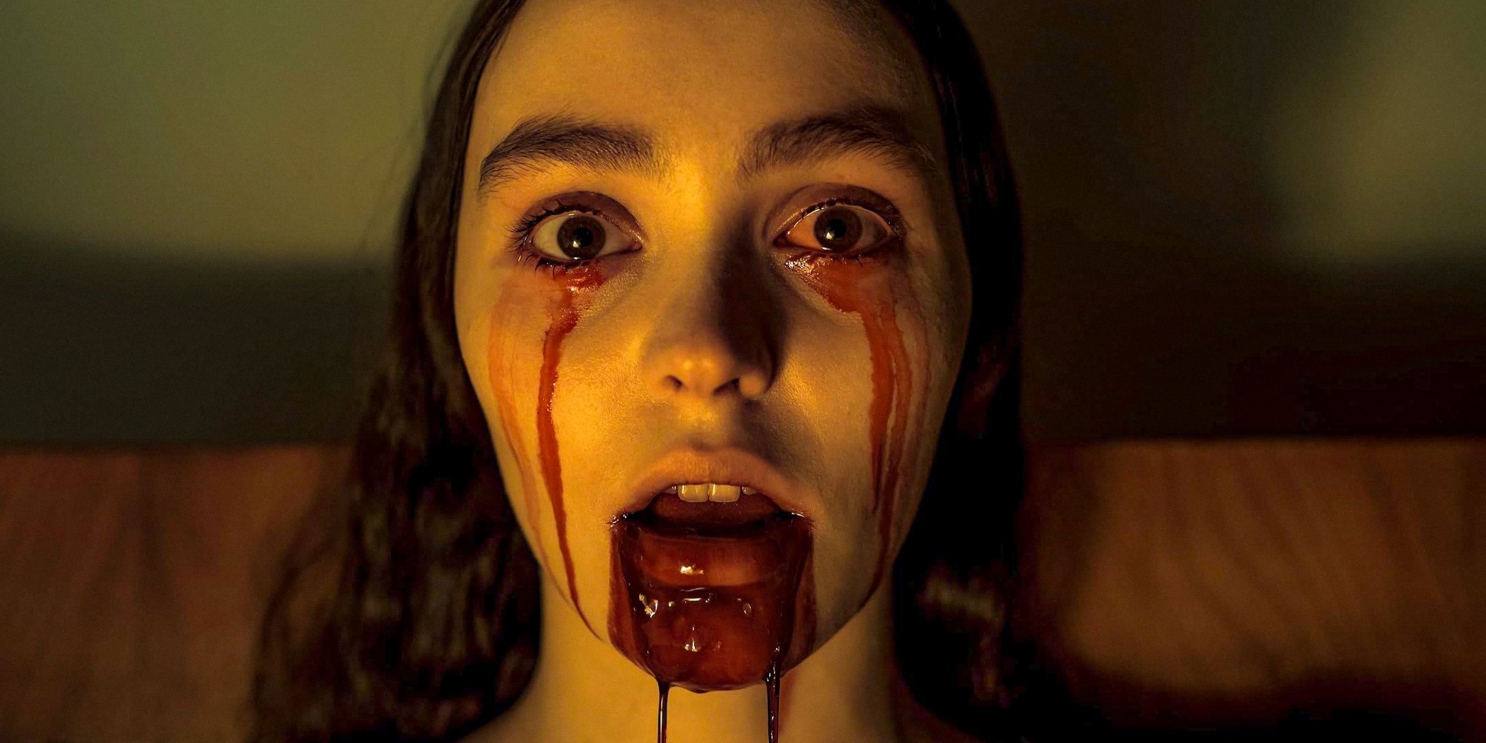 Ellen Hutter (Lily-Rose Depp) bleeding from her eyes and mouth in Nosferatu