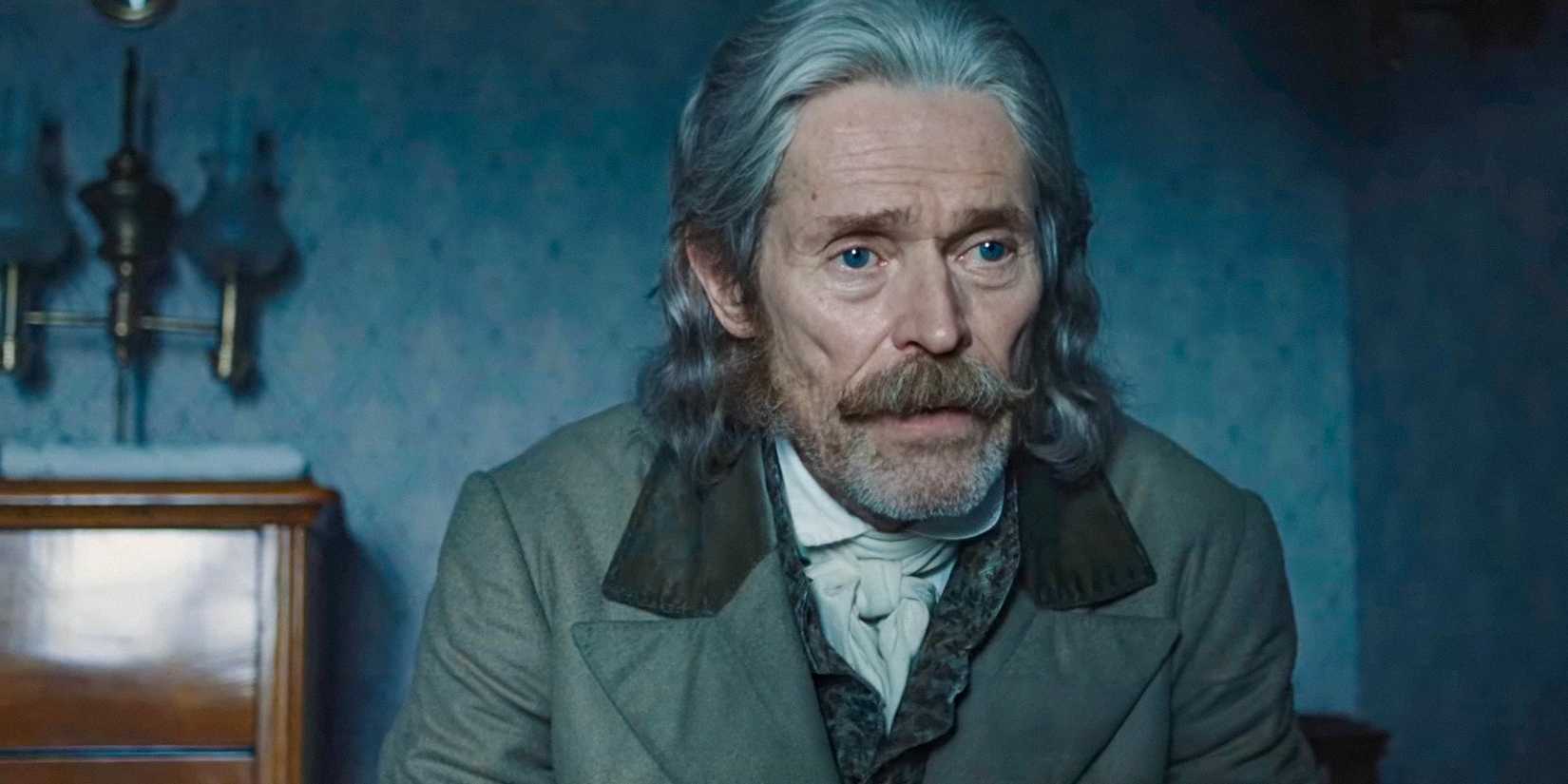 Prof. Albin Eberhart von Franz (Willem Dafoe) looking worried in Nosferatu