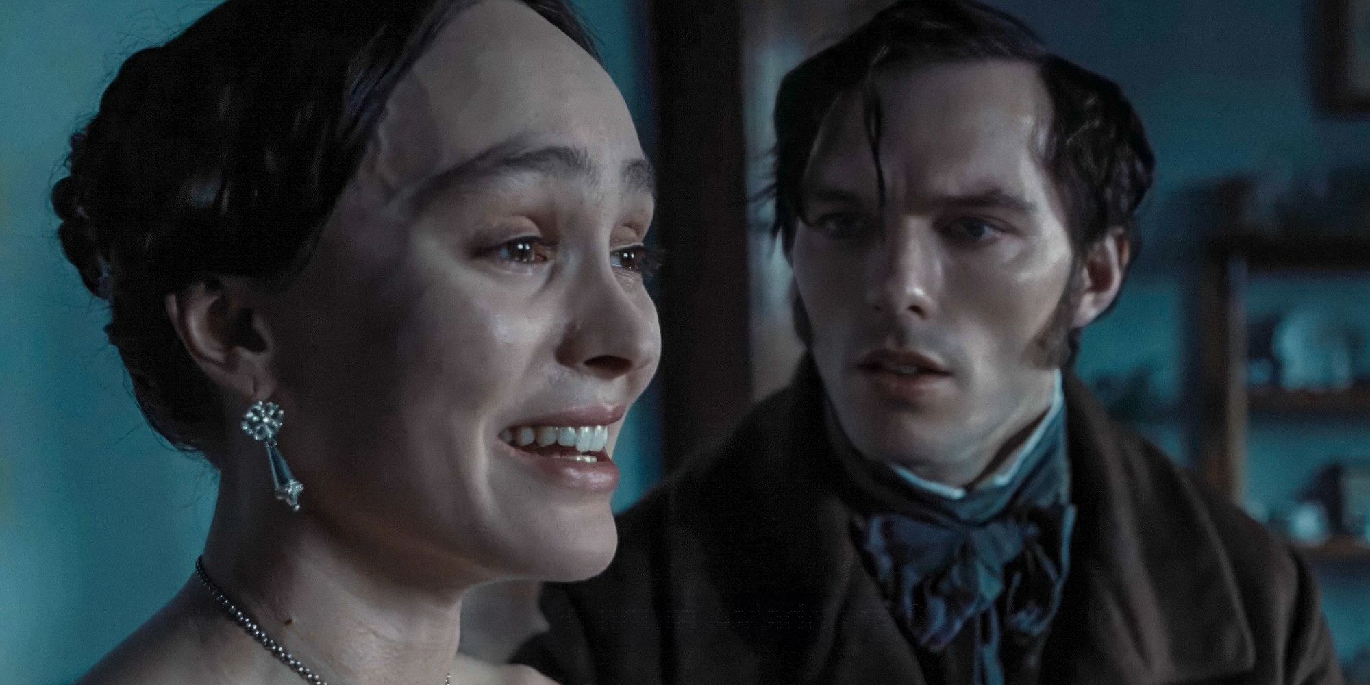 Thomas Hutter (Nicholas Hoult) bewildered, watches as Ellen Hutter (Lily-Rose Depp) laughs maniacally in Nosferatu