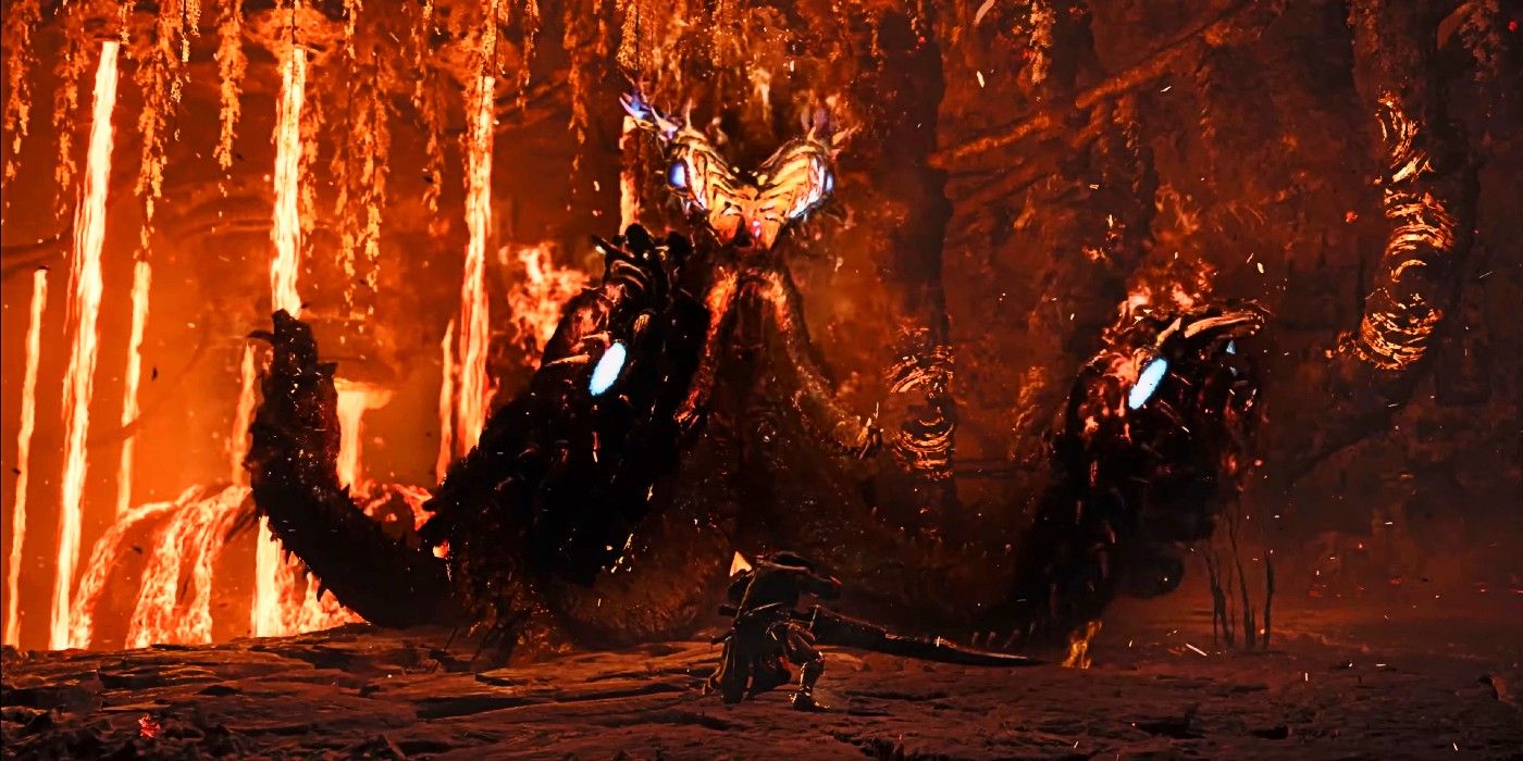 Monster Hunter Wilds naked fighting a hunter in a fiery landscape.