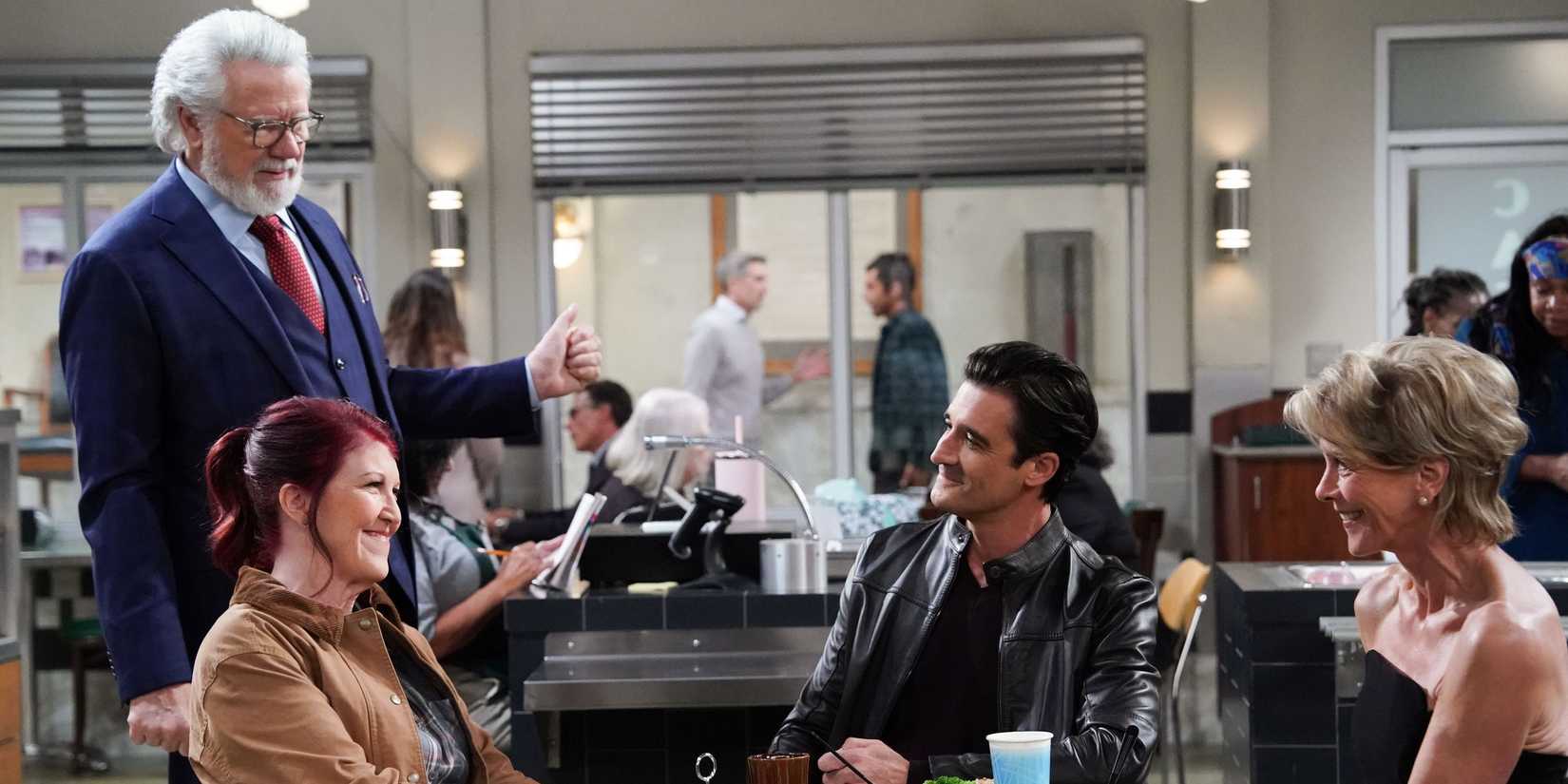 John Larroquette as Dan Fielding, Kate Flannery as Marge, Gillies Marini as Rodrigo, and Wendie Malick as Julianne Walters in Night Court season 3, episode 6