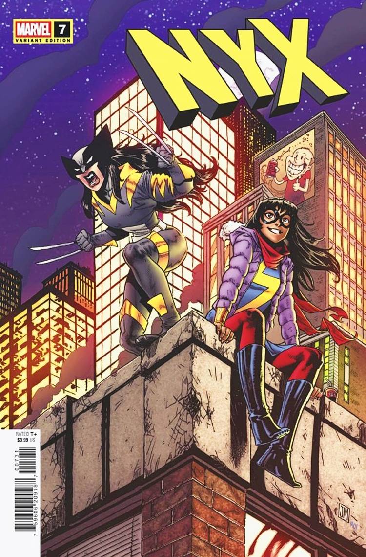 NYX #7 variant cover, Ms. Marvel and Laura Kinney, as Wolverine, on the roof of a building