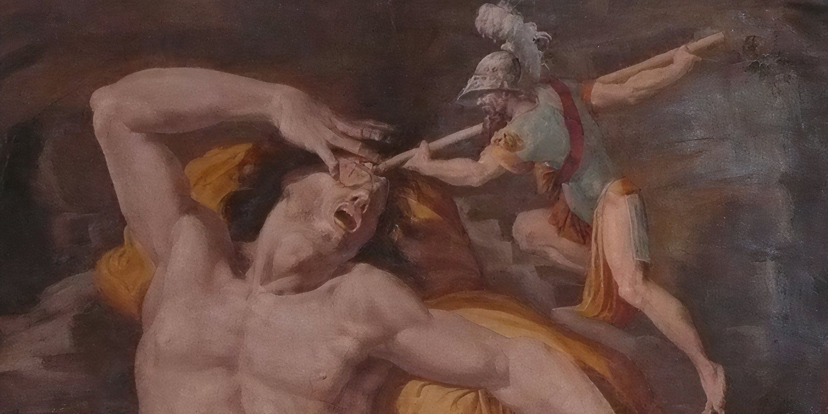 Odysseus stabbing Polyphemus in the painting Story of Ulysses by Pellegrino Tibaldi