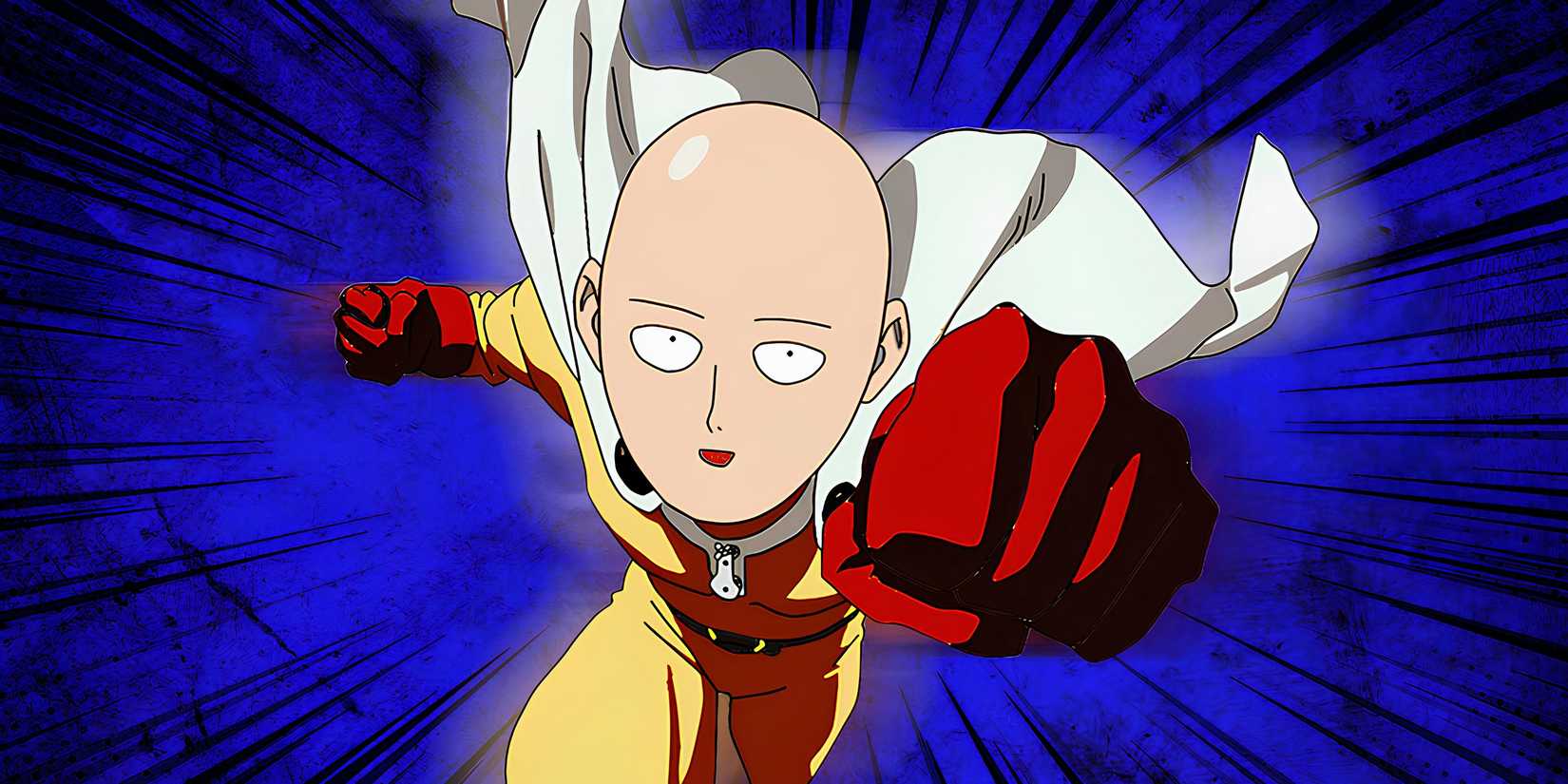 Saitama as One Punch Man punching the air with a silly face and blue background