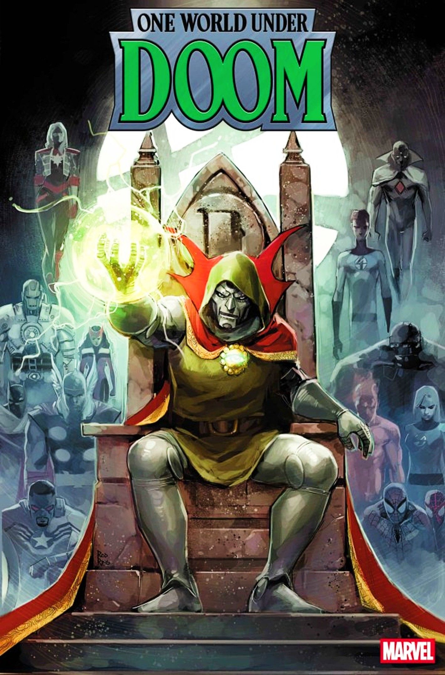 One World Under Doom #1, Doom sits on a throne with Marvel heroes standing in the background