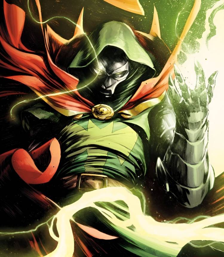 Doctor Doom holds green electrical magic in his hand.
