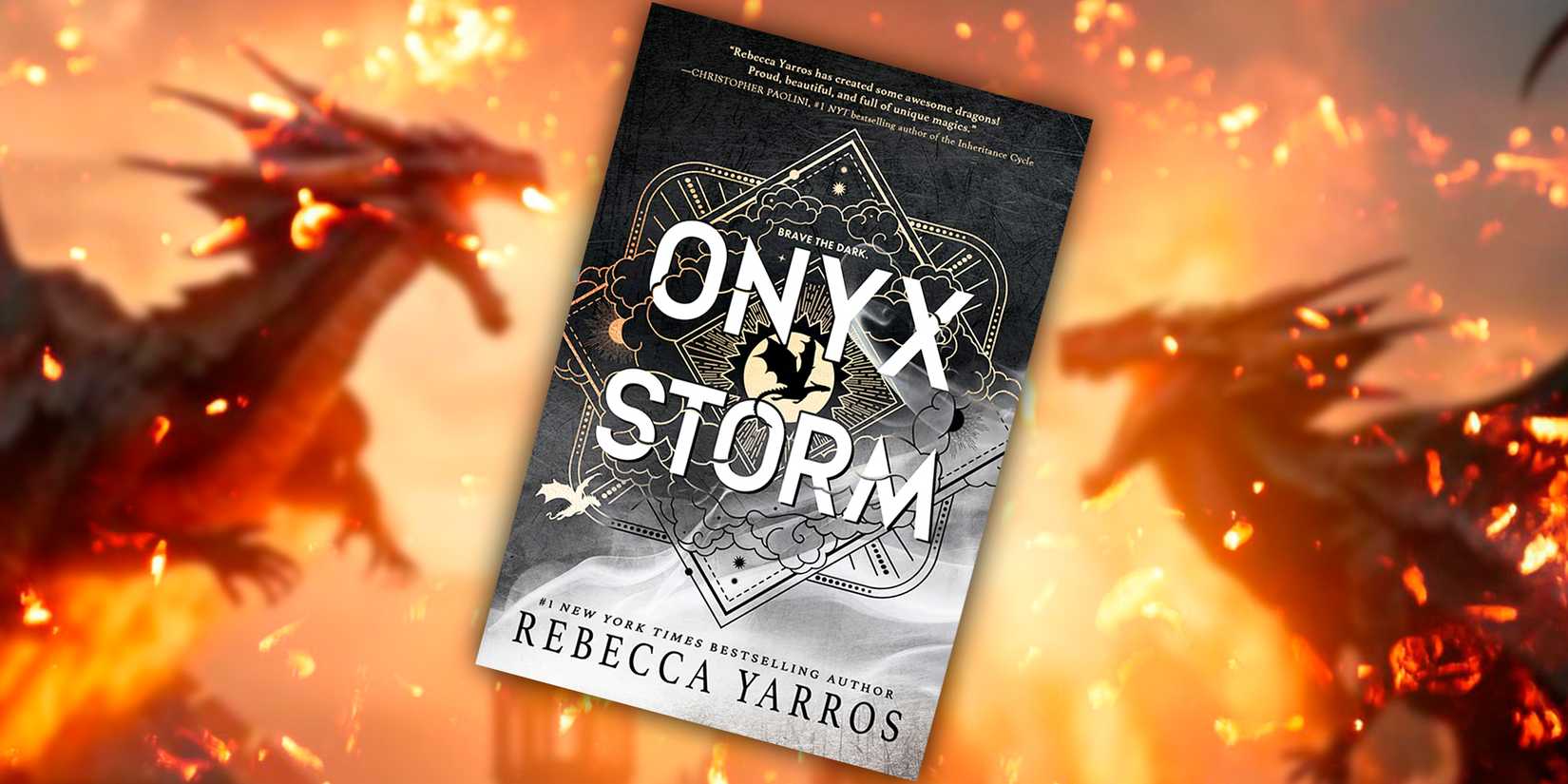 The cover of Onyx Storm by Rebecca Yarros with dragons roaring in the background