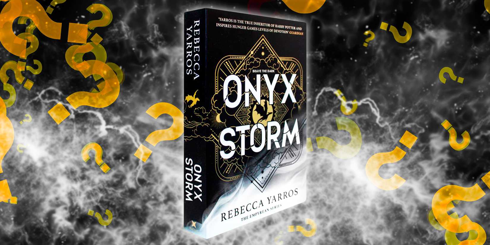 Onyx Storm by Rebecca Yarros angled to the side and a black background with smoke and orange question marks