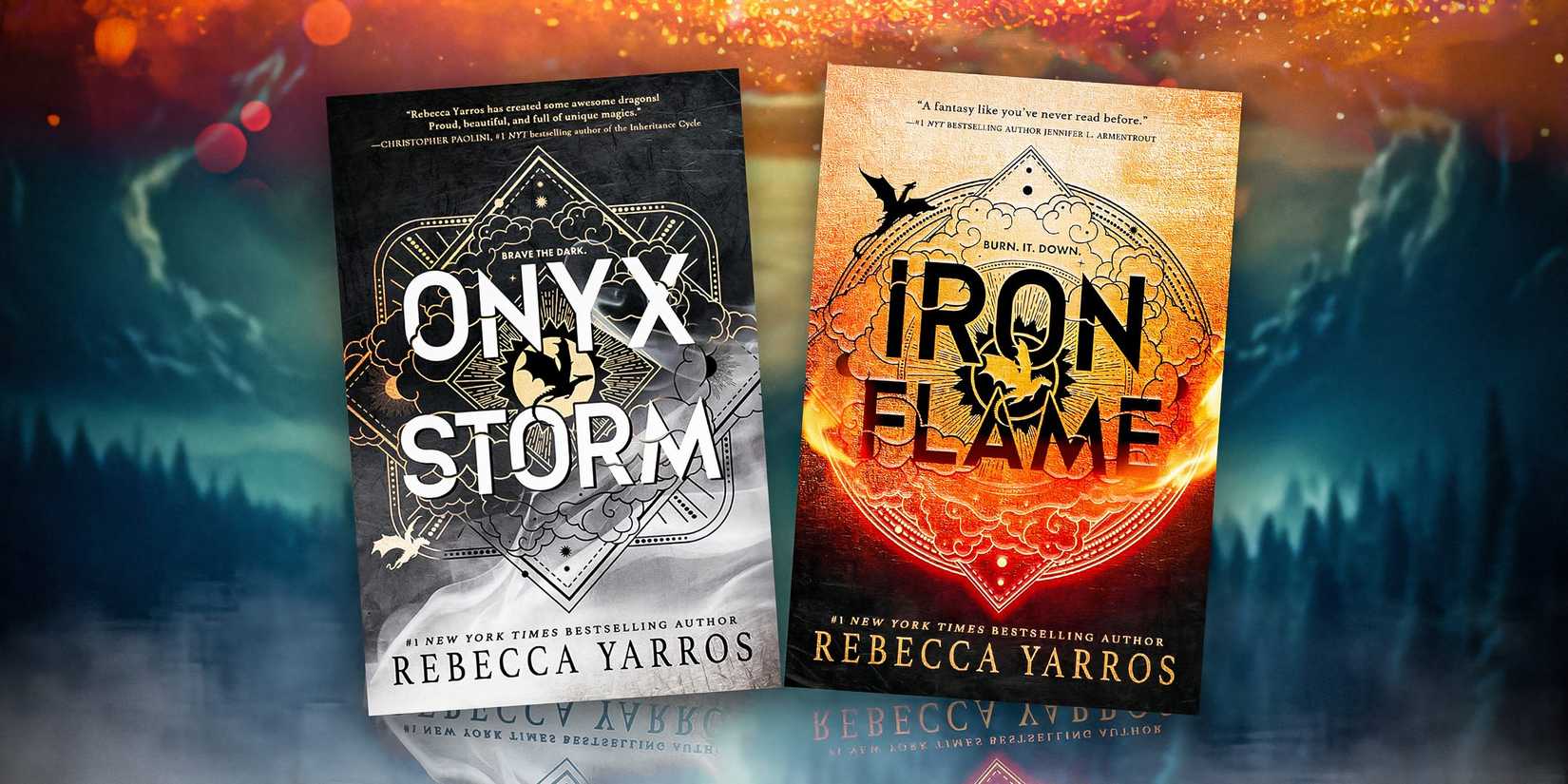 A custom image of Onyx Storm and Iron Flame with a mountain-filled blue and red background. 