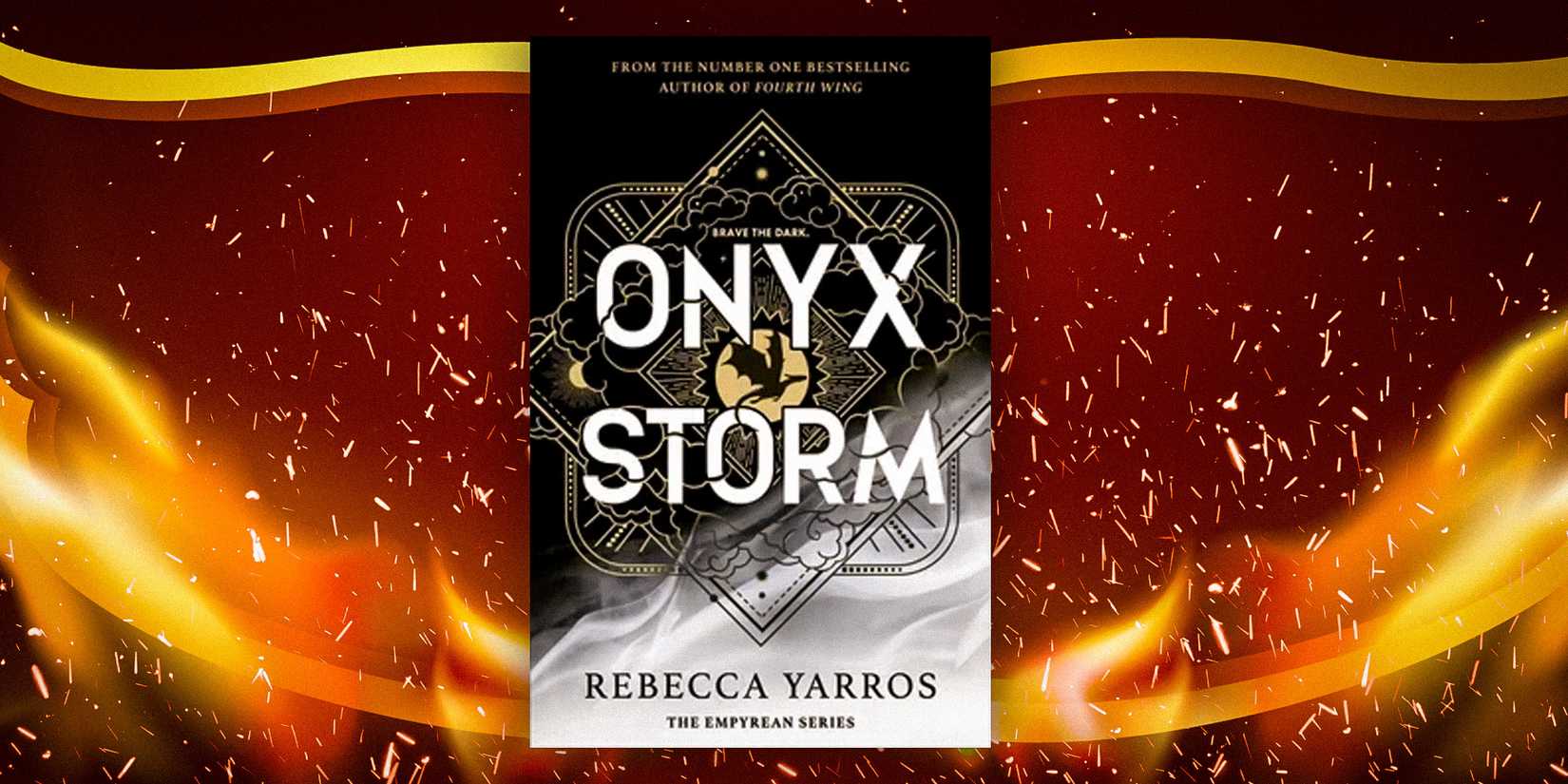 Onyx Storm by Rebecca Yarros against a red background with streaks of fire