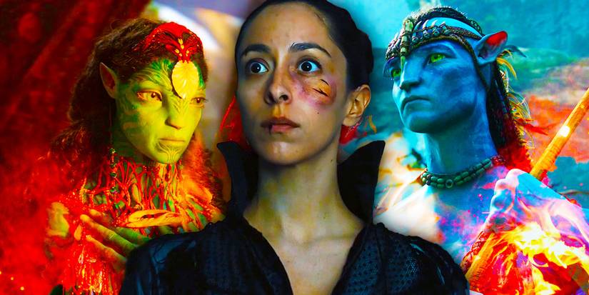 Oona Chaplin in front of images of Na'vi characters in Avatar and Avatar The Way of Water