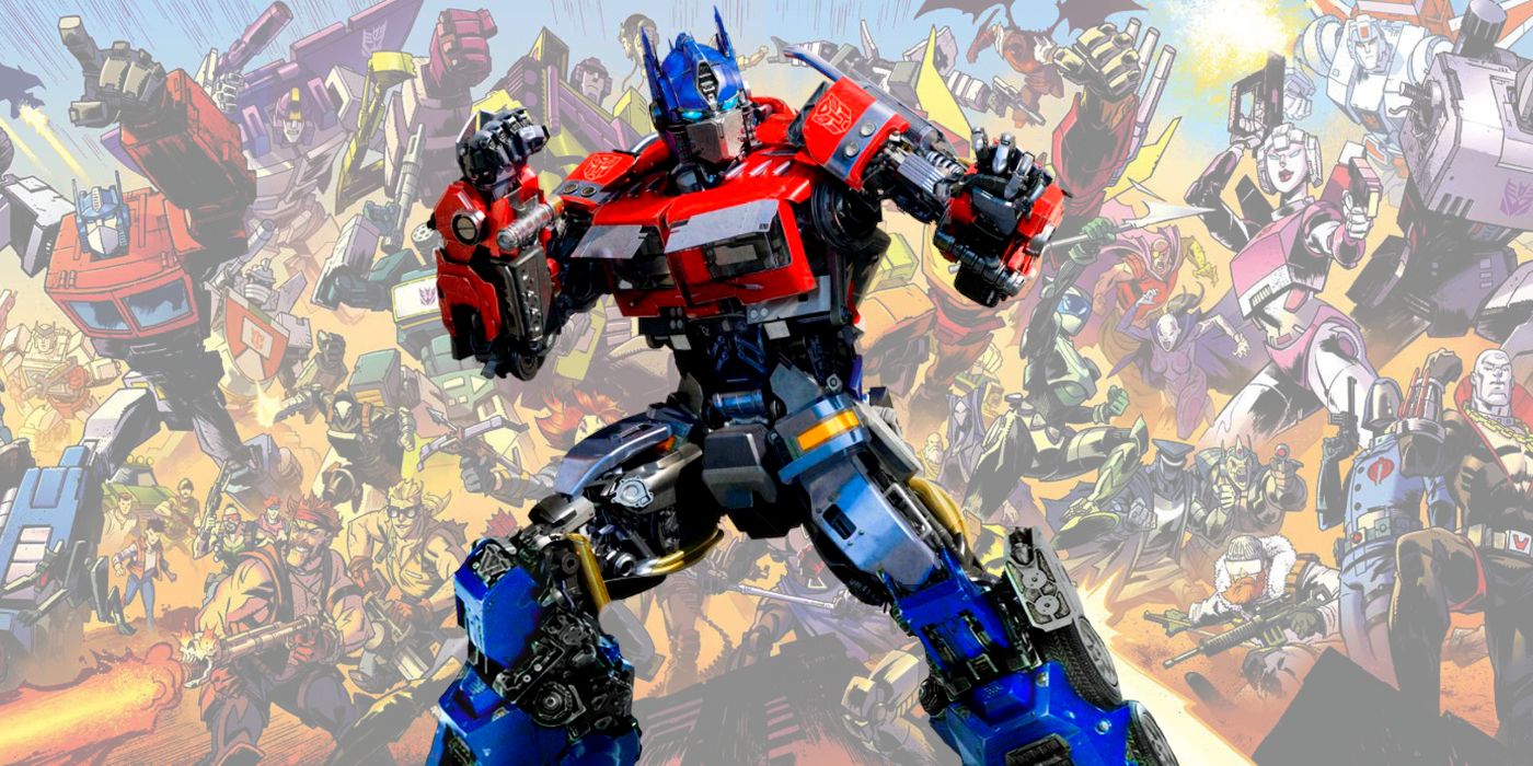 optimus prime poses in front of Transformers comic art from the Energon Universe.