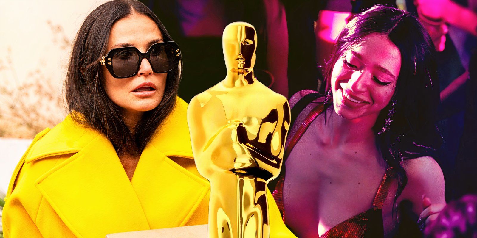 Demi Moore in The Substance and Mikey Madison in Anora with the Oscars statue