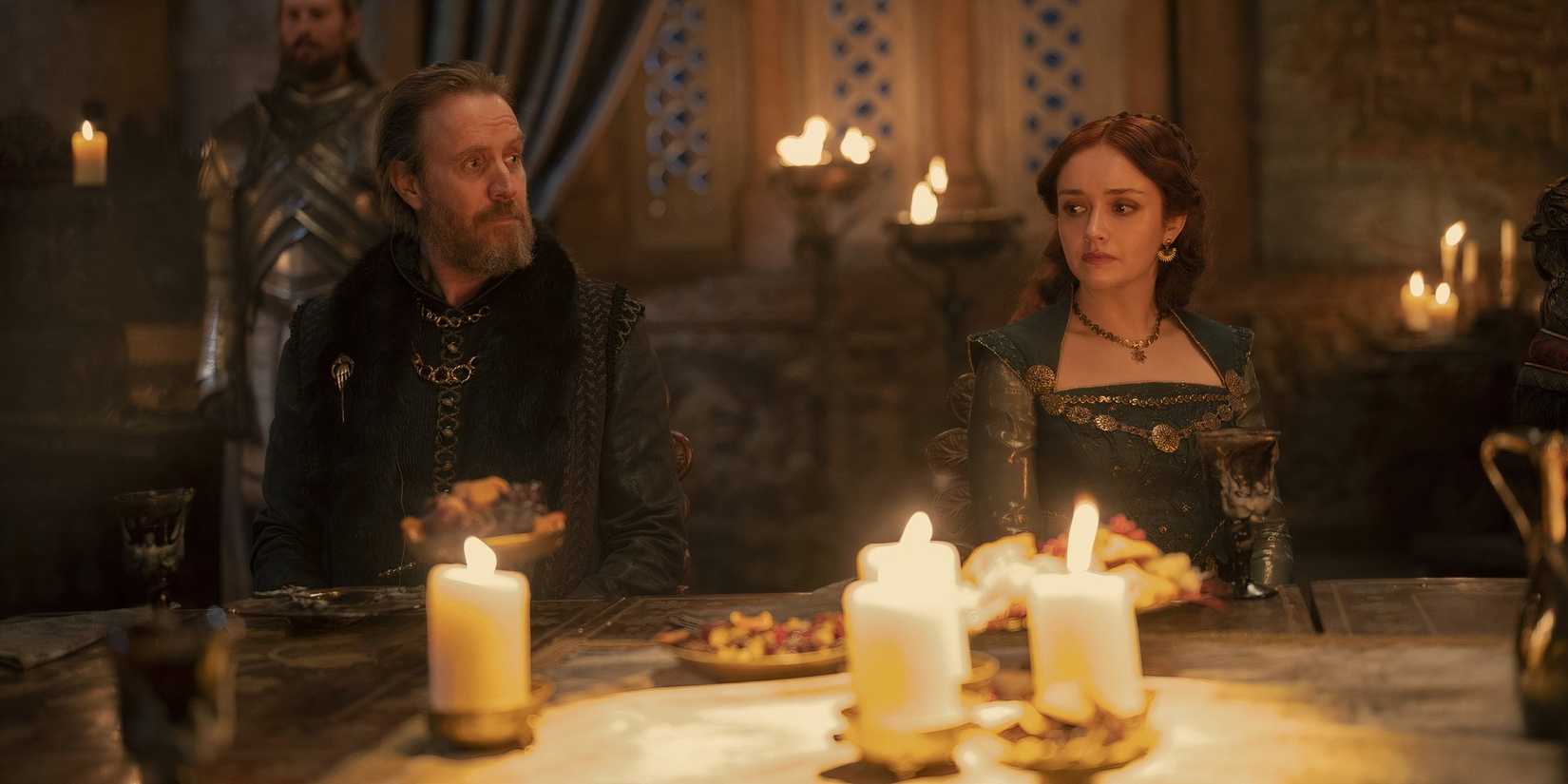 Otto and Alicent Hightower at a table in House of the Dragon season 1 episode 8