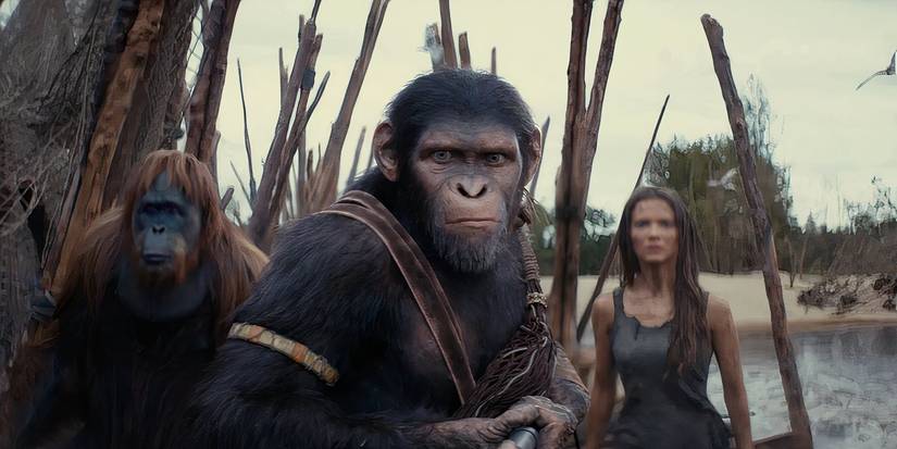 Owen Teague, Freya Allan and Peter Macon in Kingdom of the Planet of the Apes