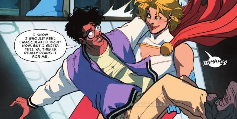 Comic book panel: Power Girl flys with and carries her boyfriend Axel Gust in her arms in Power Girl #17