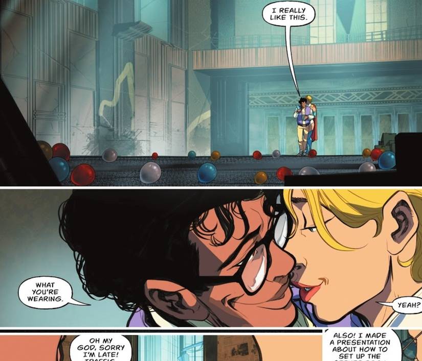 Comic book panels: Power Girl kisses her boyfriend Axel Gust in Power Girl #17