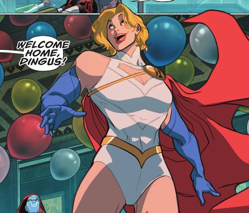 Comic book panel: Power Girl returns to The Star in a new costume, welcomed by Omen in Power Girl #17
