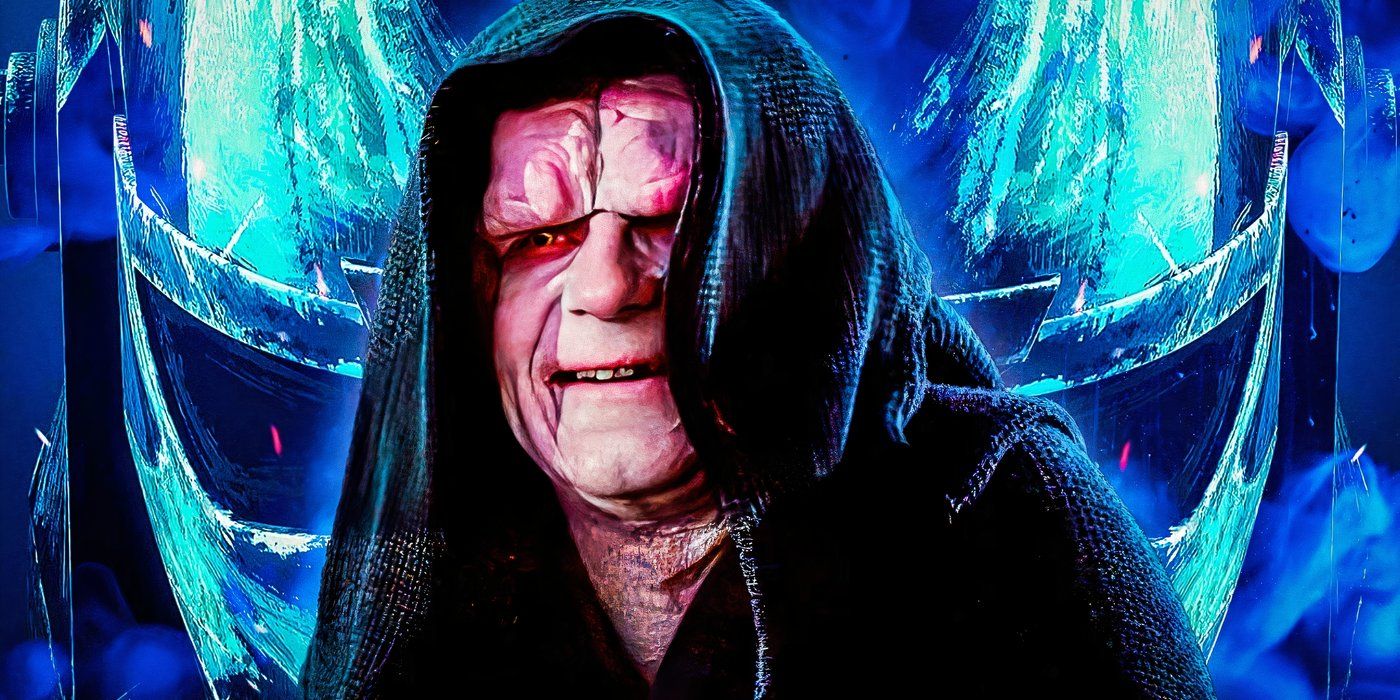 Emperor Palpatine with a Sith mask enlarged behind him.