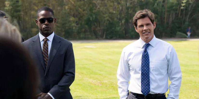 President Cal Bradford smiling on the White House Lawn while Xavier Collins stands next to him in Paradise