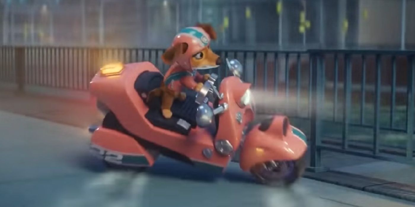 One of the dogs of the canine patrol making a sliding of Akira bike in the movie Canine Patrol.