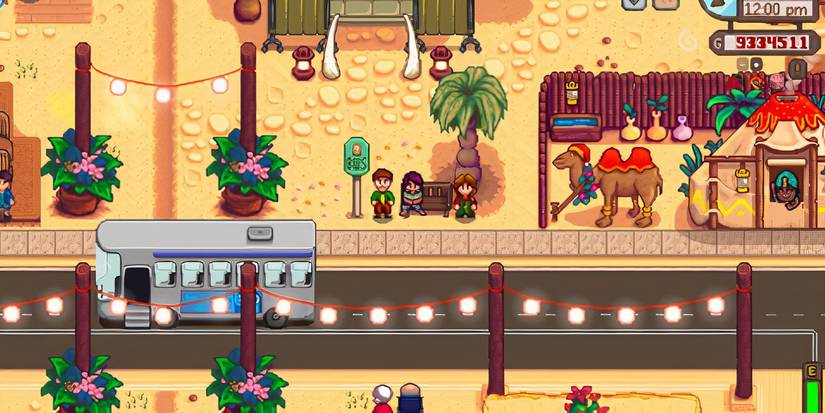 The player and NPCs at the Desert Festival in Stardew Valley.