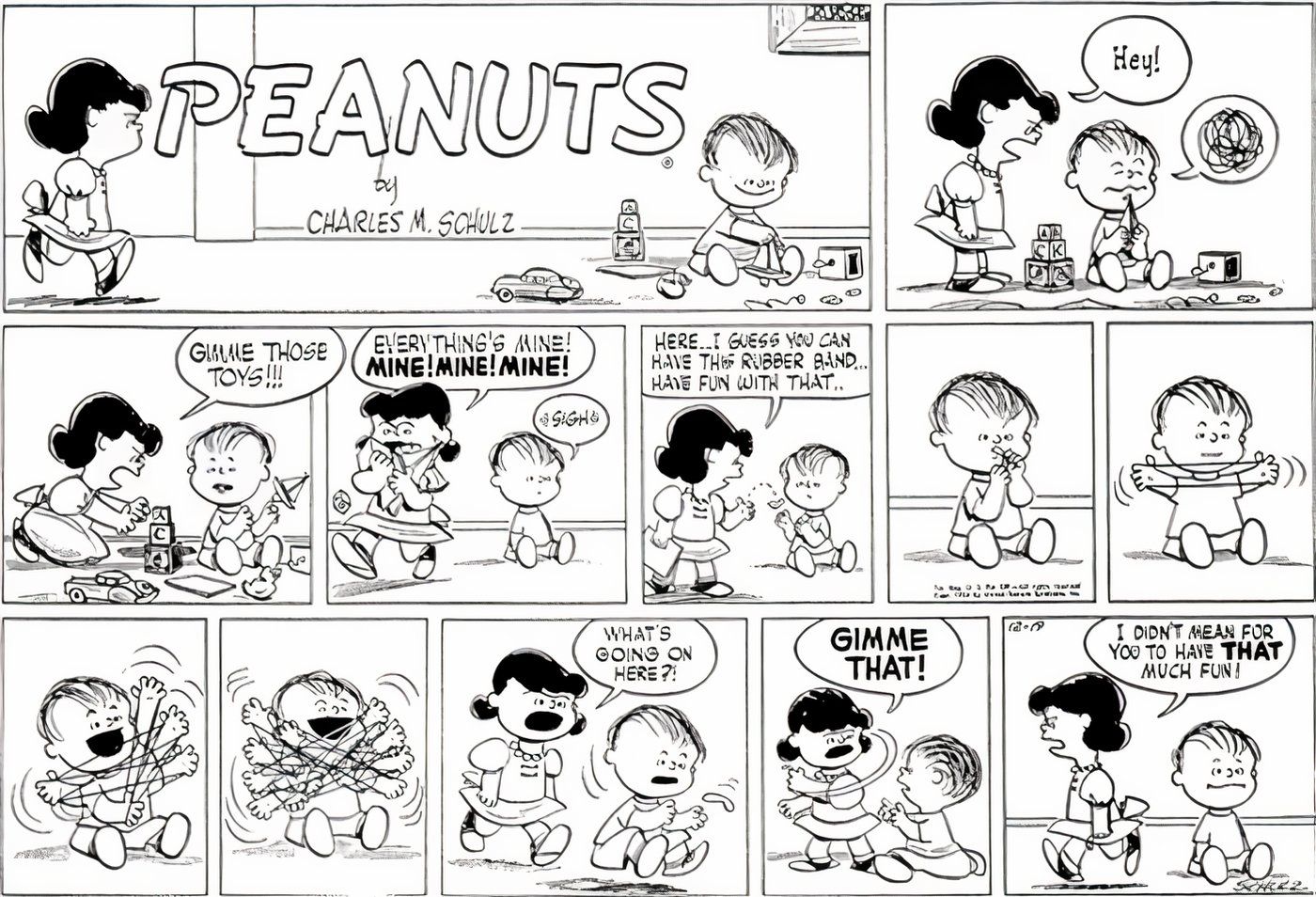 Peanuts, diciembre de 1954, Lucy le roba los juguetes a Linus y le deja una banda elástica, pero se la devuelve cuando él se divierte con ella.