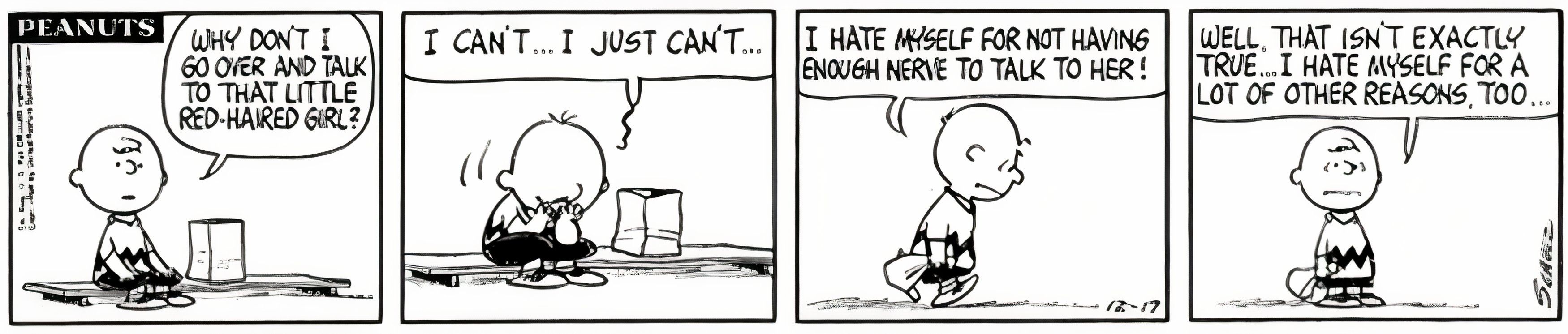 Peanuts, December 1964, Charlie Brown hates himself for not being able to talk to the Little Red Haired Girl