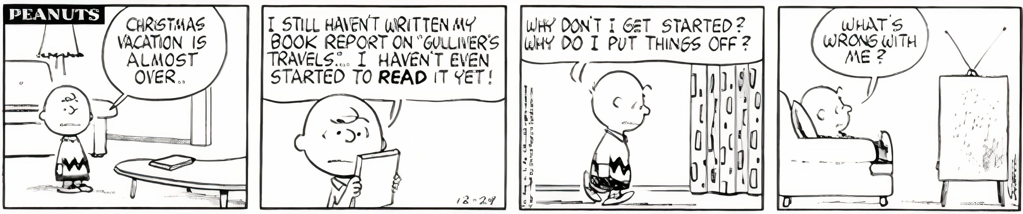 Peanuts, December 1964, Charlie Brown procrastinates on writing his report about Gulliver's Travels while thinking about how he should start