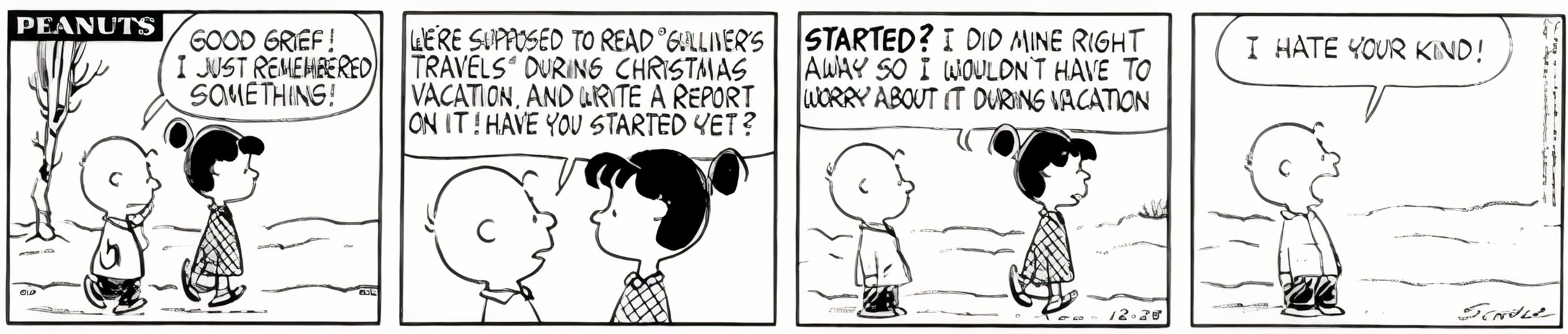 Peanuts, December 1964, Charlie Brown says he forgot to do an assignment over vacation and Violet says she already completed it at the start