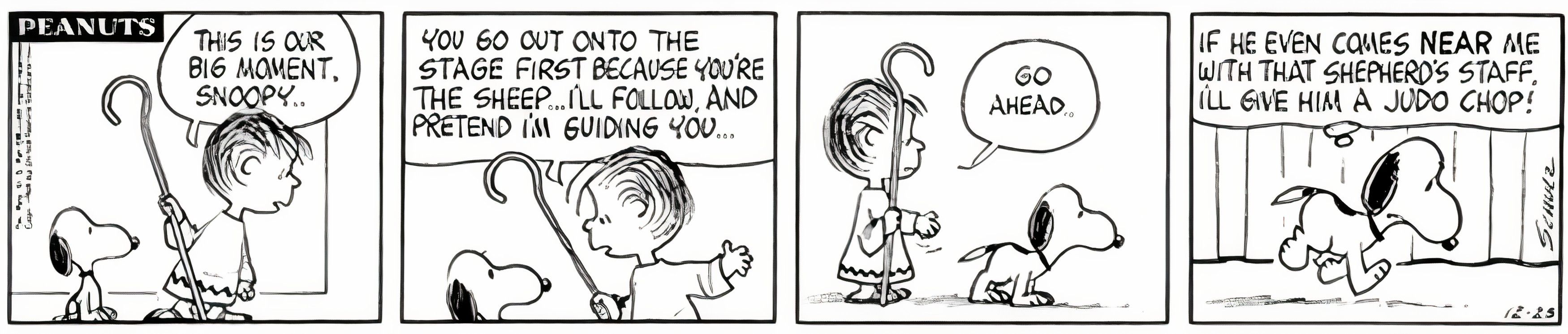 Peanuts, December 1964, Linus says he will guide Snoopy like a sheep and Snoopy thinks that if Linus comes near him with his staff he'll give him a judo chop