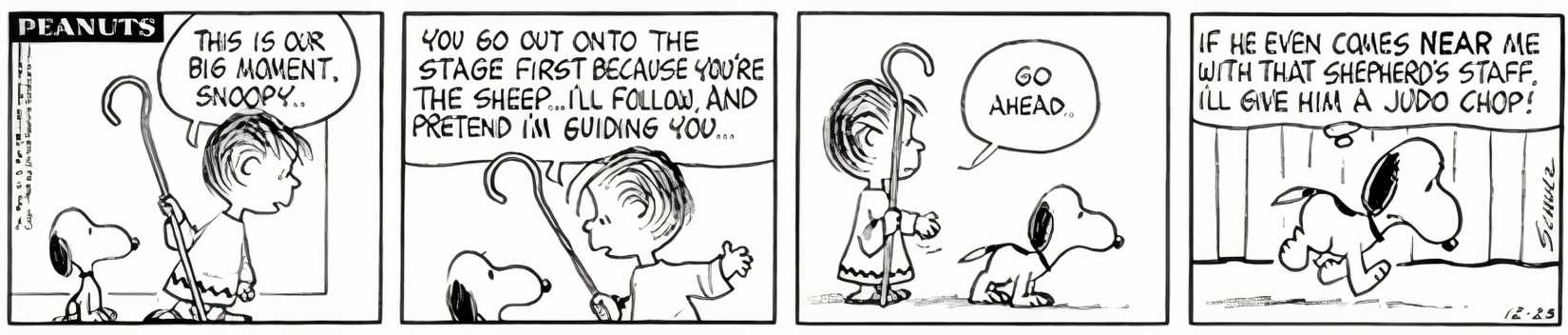 Peanuts, December 1964, Linus says he will guide Snoopy like a sheep and Snoopy thinks that if Linus comes near him with his staff he'll give him a judo chop