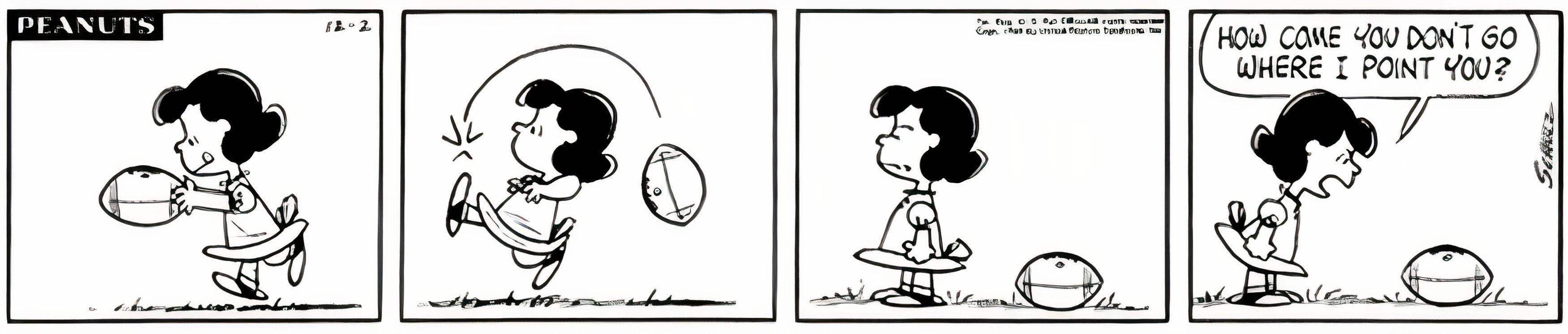 Cacahuètes, décembre 1964. Lucy frappe le ballon de football et il va dans la mauvaise direction.