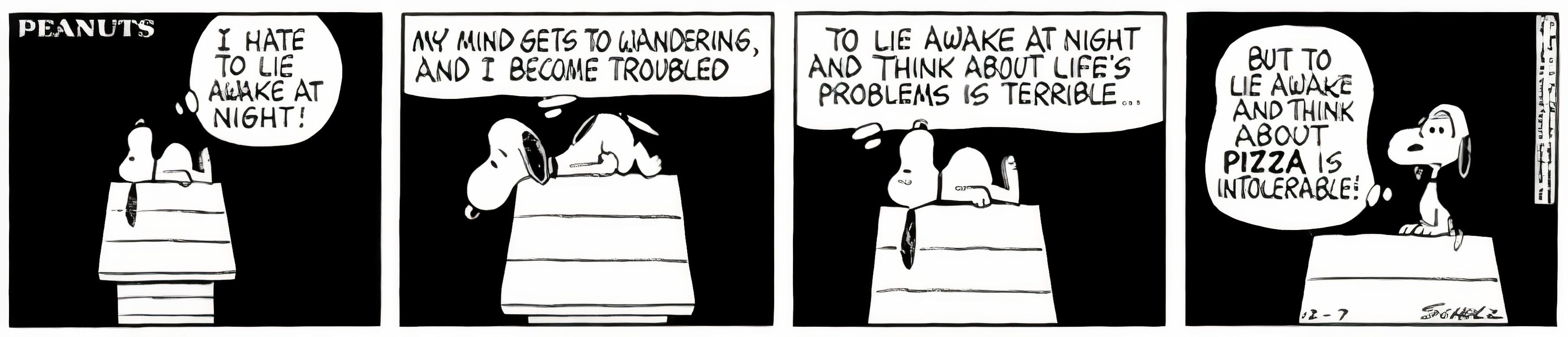 Peanuts, December 1964, Snoopy laments about lying awake at night and thinking about pizza