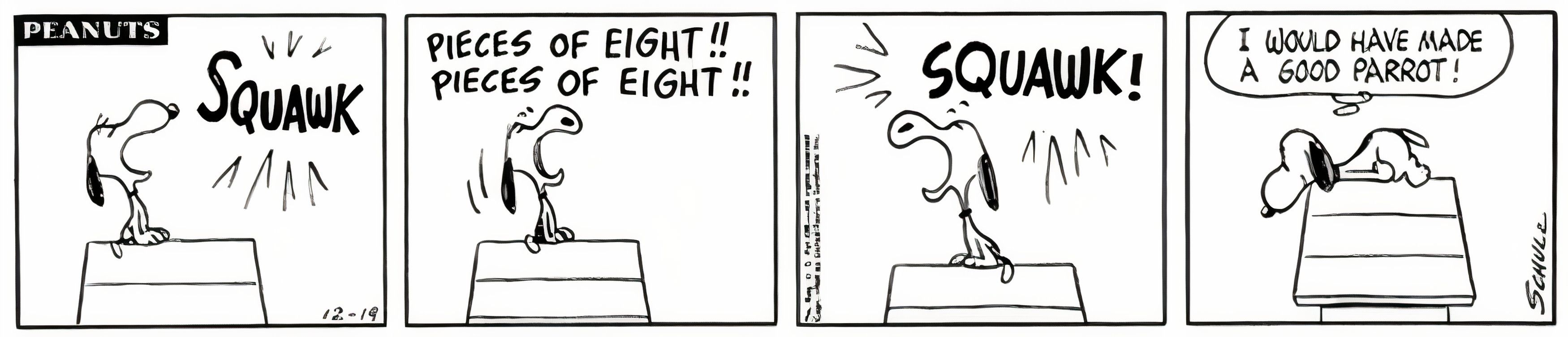 Peanuts, December 1964, Snoopy squawks like a parrot and claims he could make a good parrot