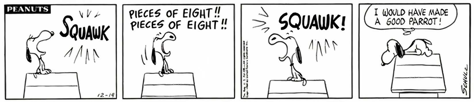 Peanuts, December 1964, Snoopy squawks like a parrot and claims he could make a good parrot