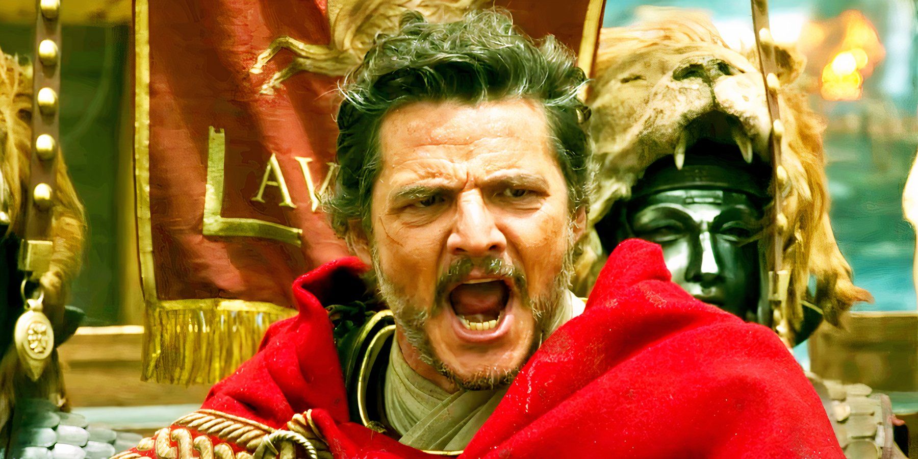 Pedro Pascal yelling as Acacius in Gladiator 2