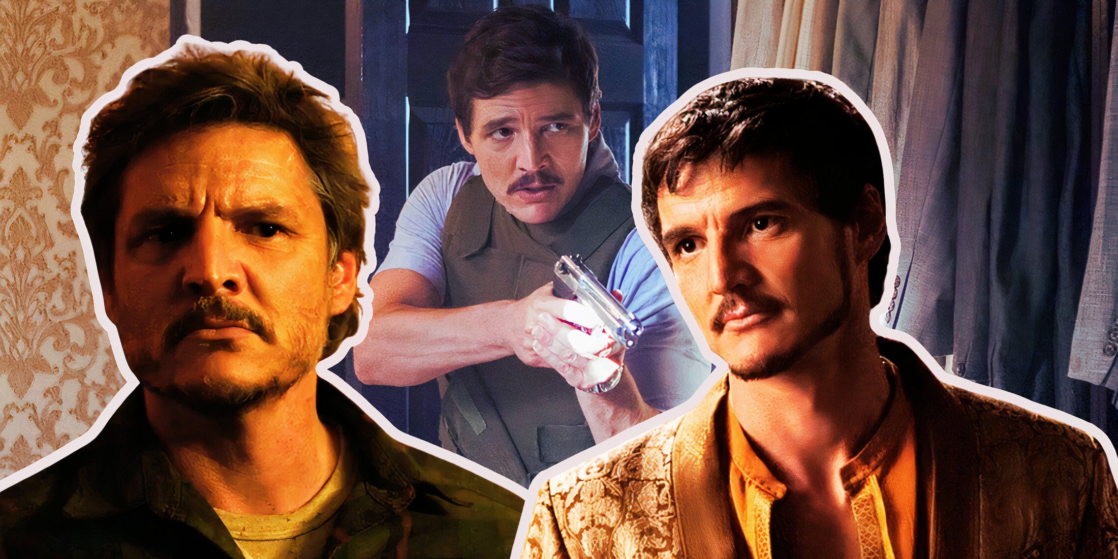 A collage of Pedro Pascal in roles in The Last of Us, Narcos, and Game of Thrones