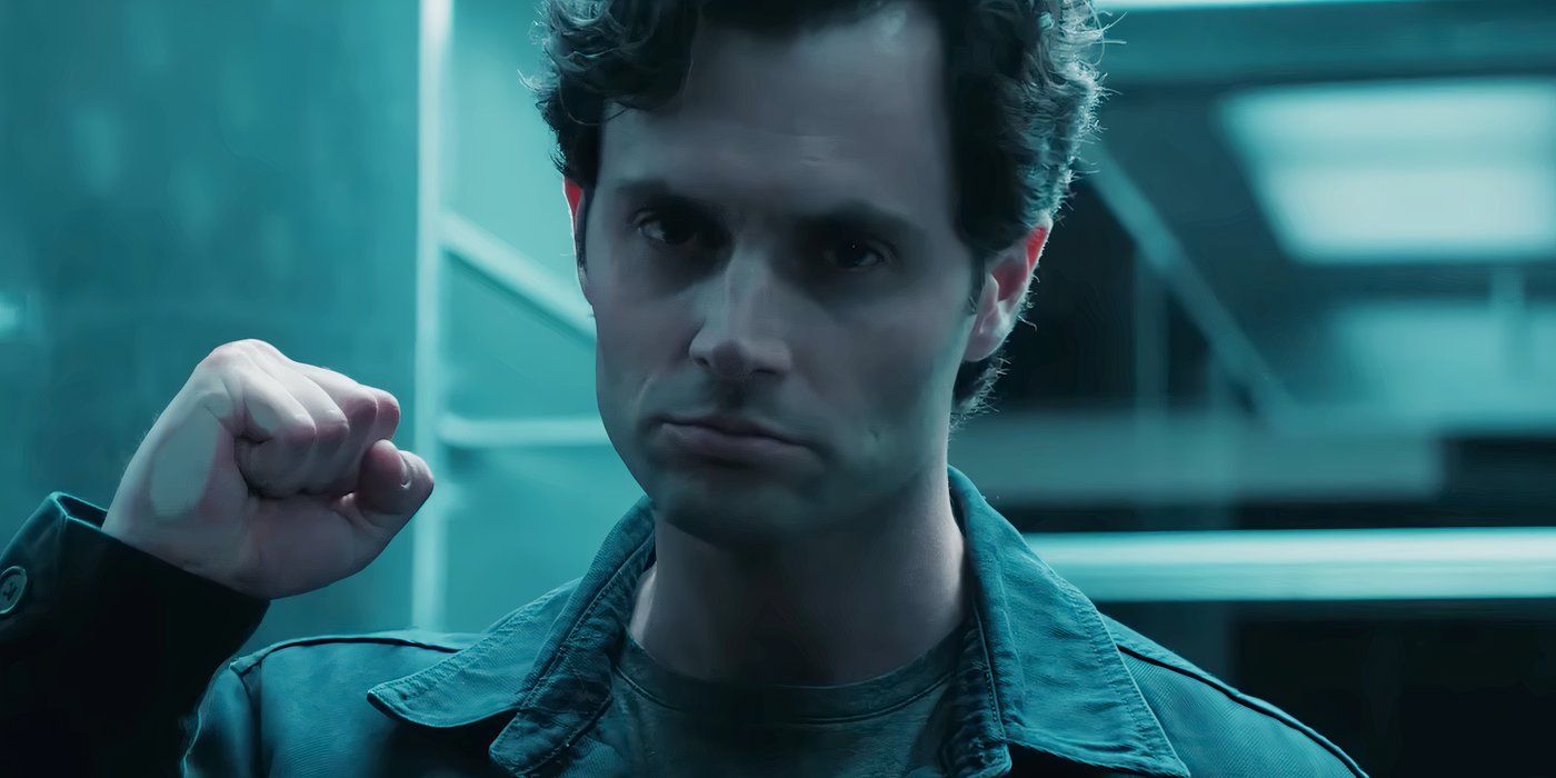 Penn Badgley as Joe Goldberg hitting his fist in a glass cage on you