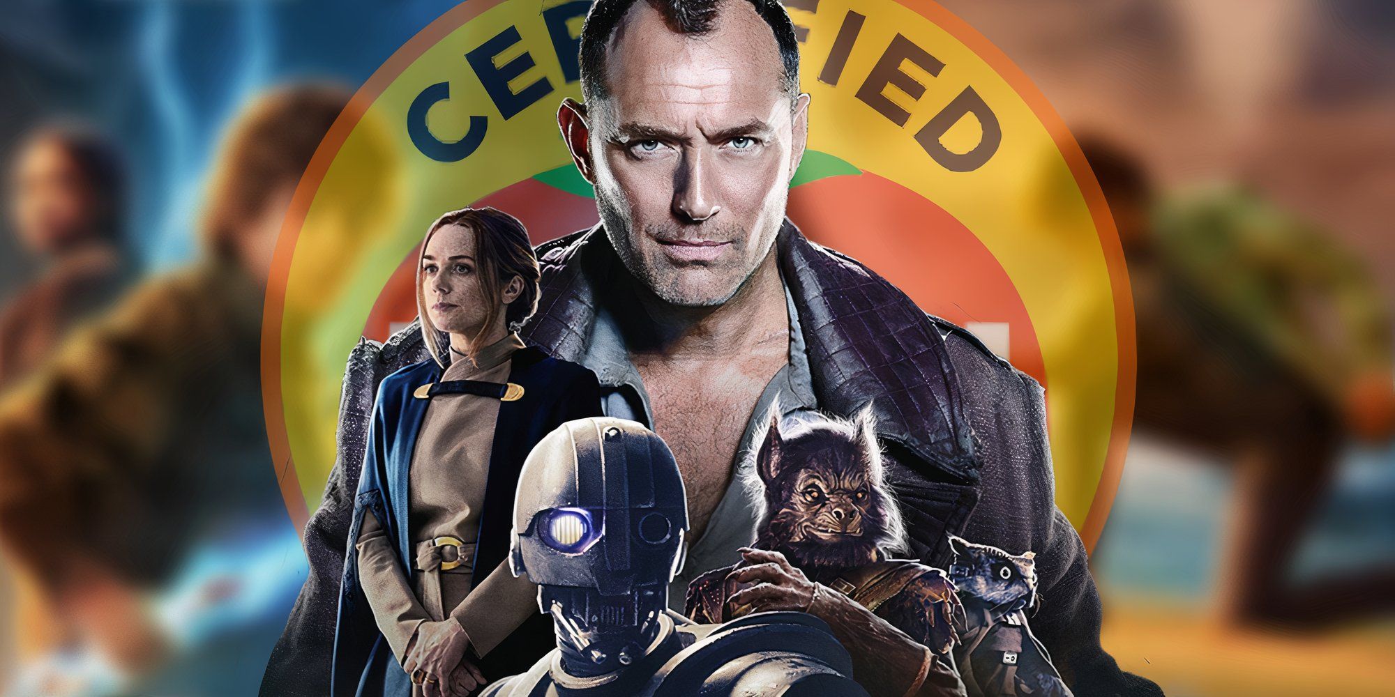 Blurred posters for Percy Jackson and the Olympians (2023-) behind the poster for Star Wars: Skeleton Crew (2024) and an opaque Rotten Tomatoes symbol