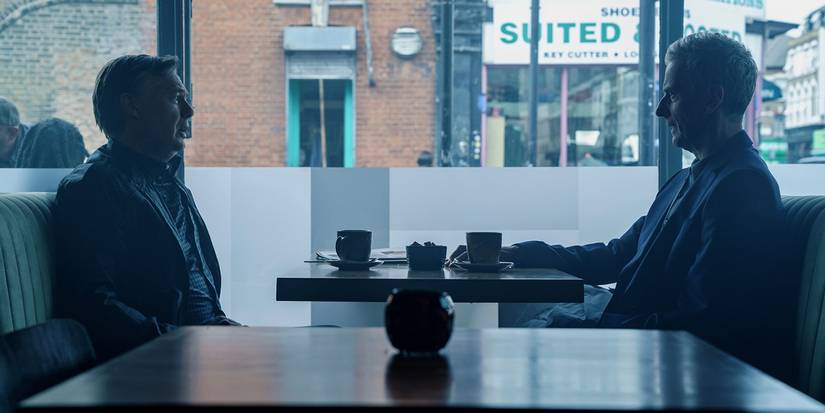 Daniel Hegarty (Peter Capaldi) talking to someone in a diner in criminal record episode 2 two calls