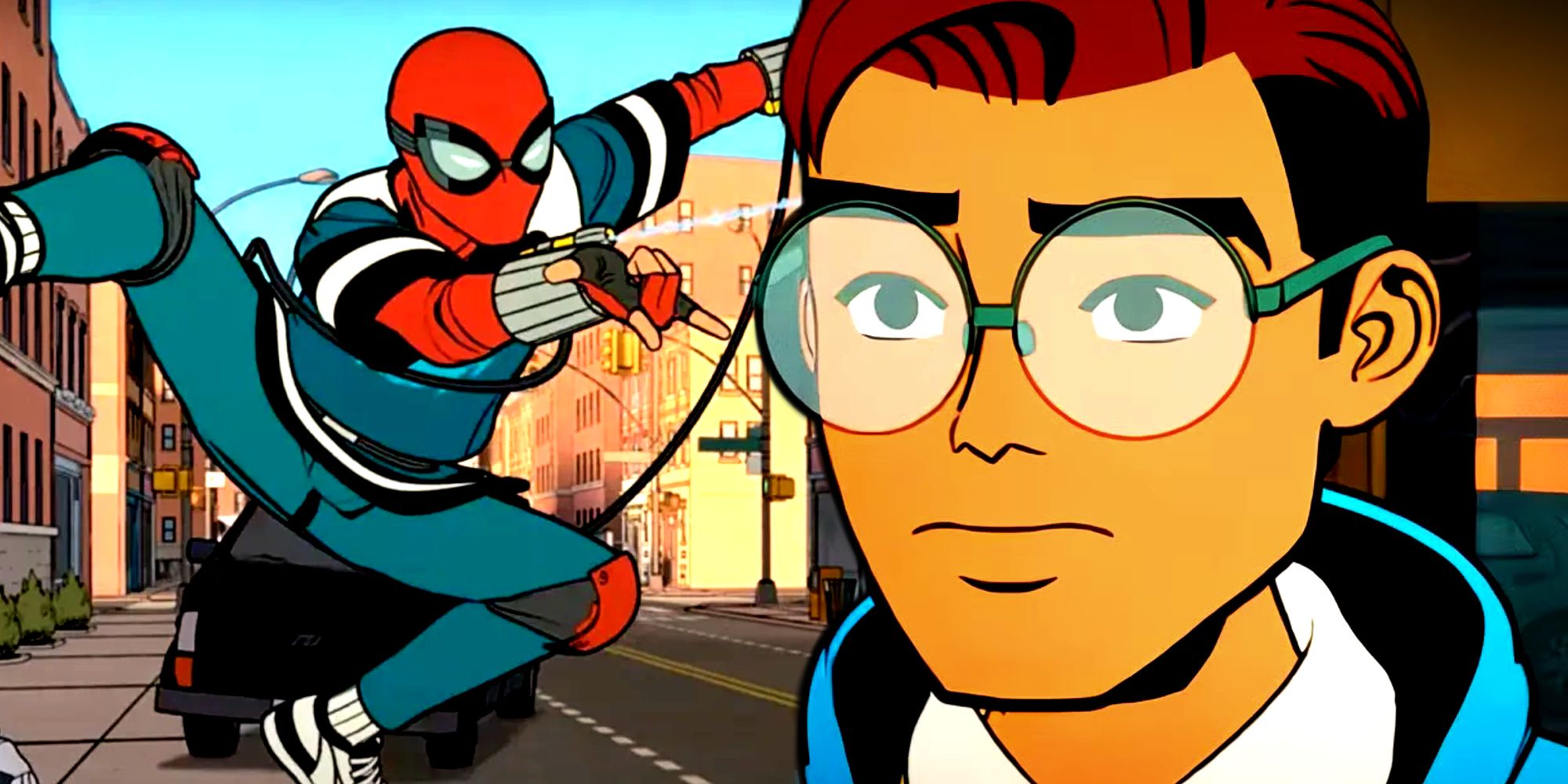 Peter Parker in his superhero and secret identity outfits in Your Friendly Neighborhood Spider-Man