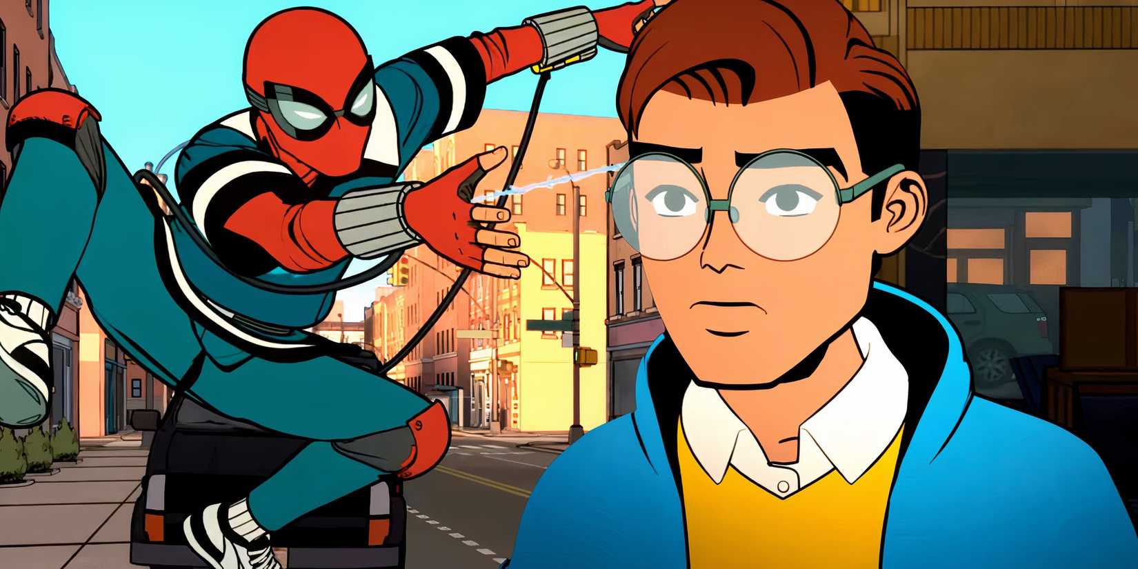 Peter Parker looking upset and Spider-Man shooting a web in the air in Your Friendly Neighborhood Spider-Man