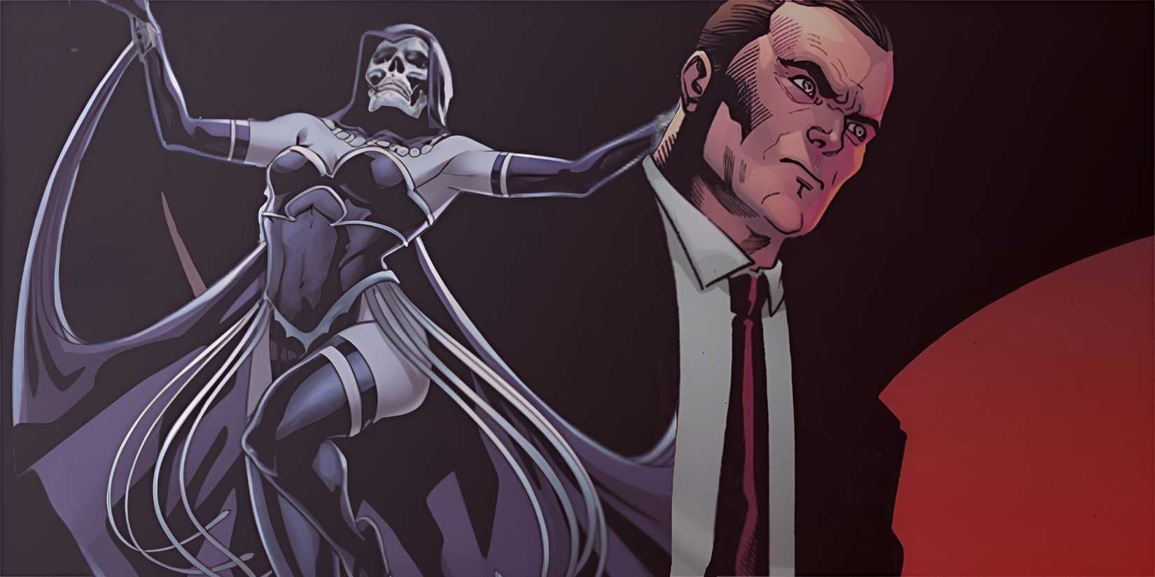 Comic book art: Phil Coulson on a black background with Lady Death next to him.