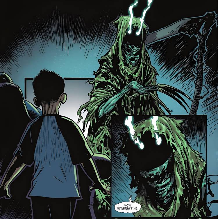 Comic book panel: Phil Coulson sees Death after his grandpa dies.